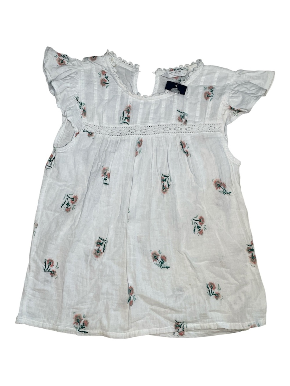 Lucky Brand White Floral Embroidered Flutter Sleeve Top sz XS